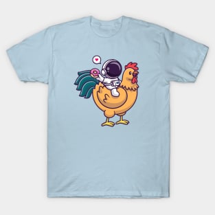 Cute Astronaut Riding Chicken And Holding Donut Cartoon T-Shirt